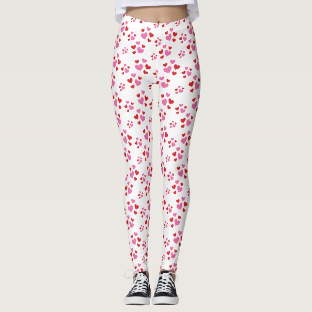 Red And Pink Hearts Pattern Leggings (Front)