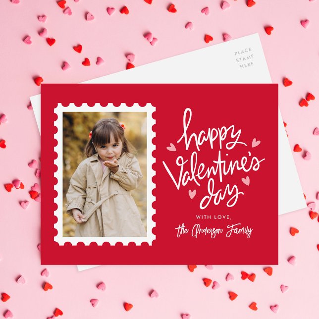 Red and Pink Hearts Stamp Photo Valentine's Day Holiday Postcard (Creator Uploaded)