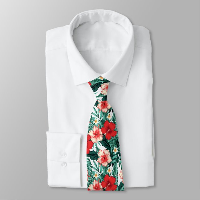 Red And Pink Hibiscus Flowers Neck Tie (Tied)