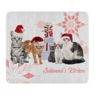 Red and Pink Holiday Cats Custom Name Cutting Board