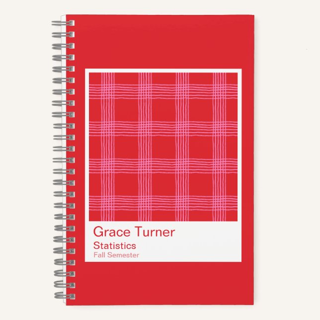 Red and Pink Illustrated Plaid Notebook (Front)