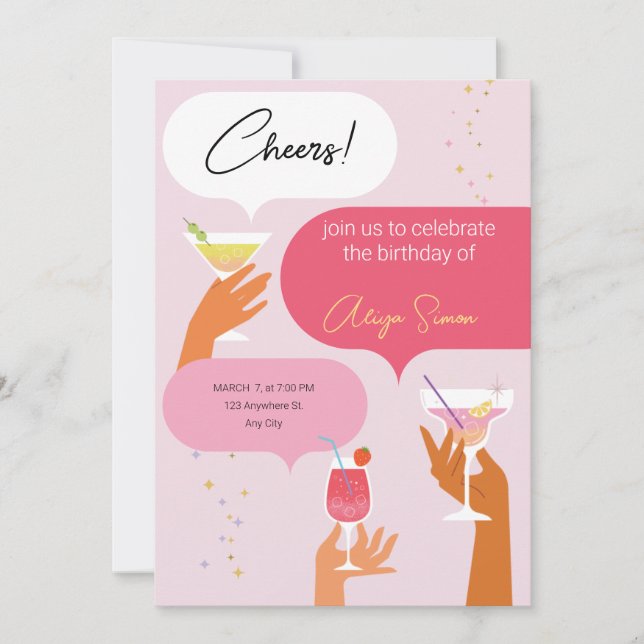 Red and Pink Illustrative Birthday party Invitation (Front)