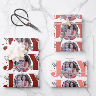Red and pink Joy Christmas holiday photo Wrapping Paper Sheet