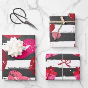 Red and Pink Lips and Hearts Stripes Valentine's Wrapping Paper Sheet