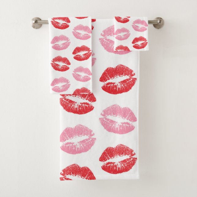 Red and Pink Lips, Pattern Of Lips, Lipstick, Kiss Bath Towel Set (Insitu)