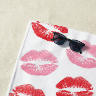 Red and Pink Lips, Pattern Of Lips, Lipstick, Kiss Beach Towel