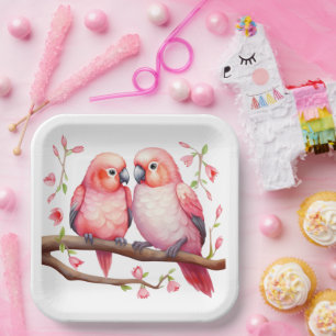 Red and Pink Lovebirds  Paper Plate