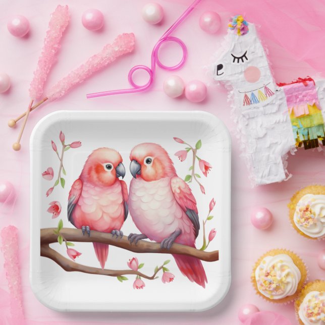 Red and Pink Lovebirds  Paper Plate (Party)