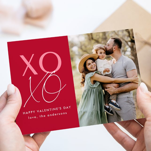 Red and Pink Modern XOXO Valentine's Day Photo Holiday Card (Creator Uploaded)
