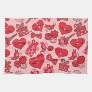 Red And Pink Mothers Day Pattern Tea Towel