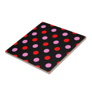 Red and Pink On Black Polka Dots Design  Tile