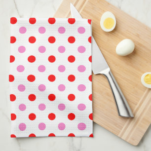 Red and Pink On White Polka Dots Design Tea Towel