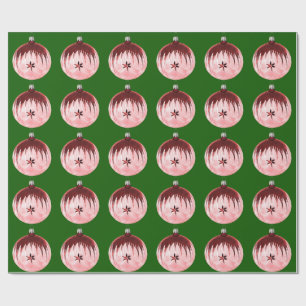 Red And Pink Ornament Green Wrapping Paper