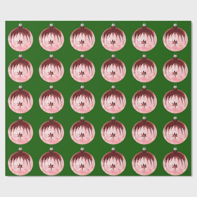 Red And Pink Ornament Green Wrapping Paper (Flat)