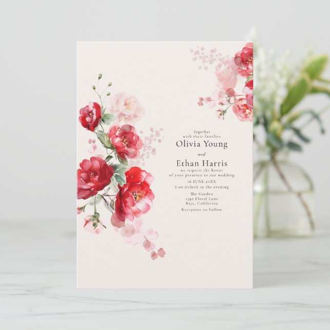 Red and Pink Paper Roses Wedding Invitation (Standing Front)