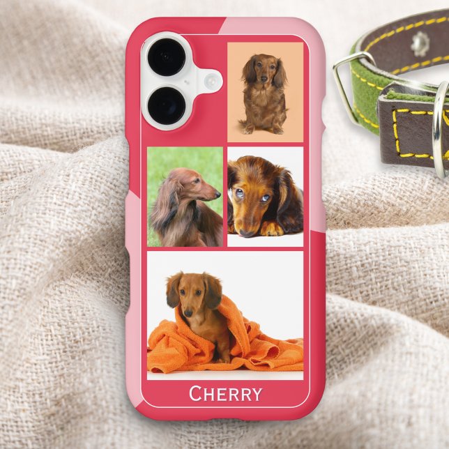 Red and Pink Personalised 4 Photos (A stylish phone case in red and pink, to customize with four photos of your pet dog, and their name)