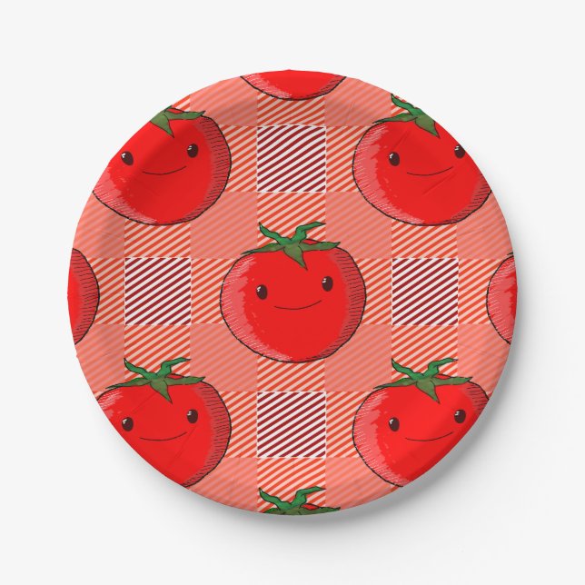Red and Pink Plaid Tomato Tartan Pattern Paper Plate (Front)
