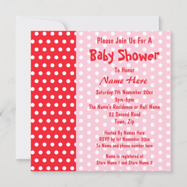 Red and Pink Polka Dot, Custom Baby Shower Invitation (Front)