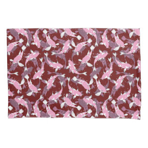 Red And Pink Repeating Motif Koi Fish Pattern Pillowcase