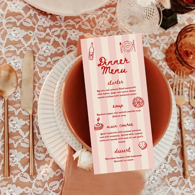 Red and Pink Retro Illustrated | Dinner Wedding Menu (Creator Uploaded)