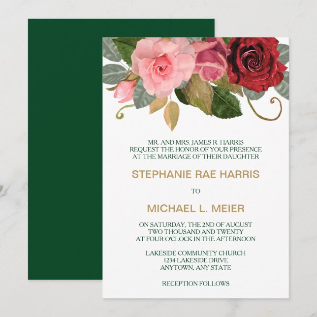 Red and Pink Rose Border Wedding Invitation (Front/Back)
