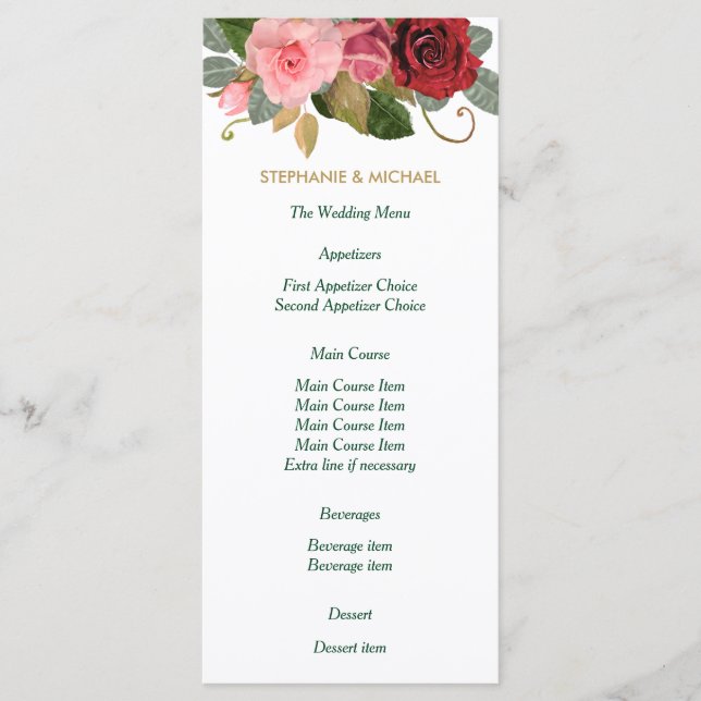 Red and Pink Rose Border Wedding Menu (Front)