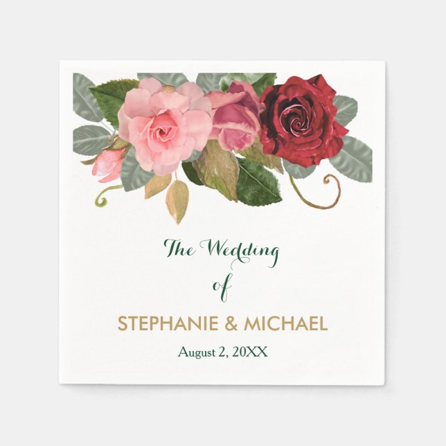 Red and Pink Rose Border Wedding Napkin (Front)
