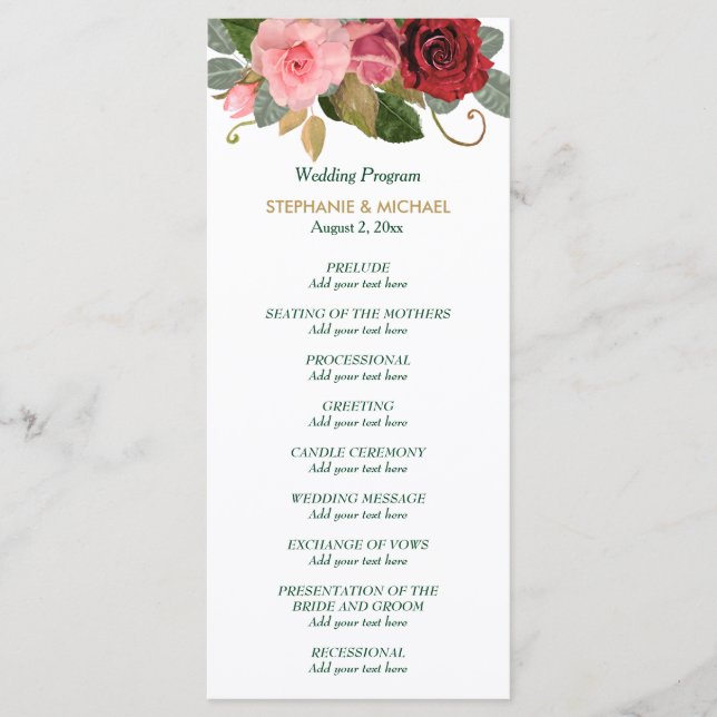 Red and Pink Rose Border Wedding Program Programme (Front)