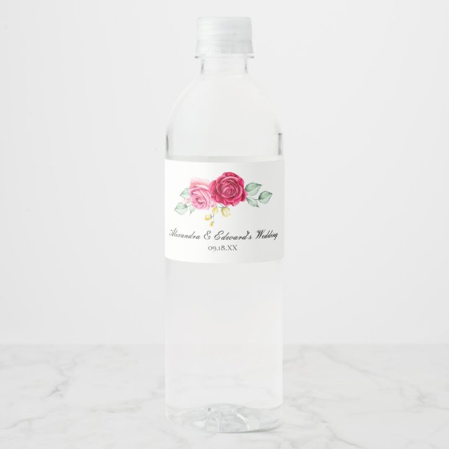 Red and Pink Rose Botanical Water Bottle Label (Front)