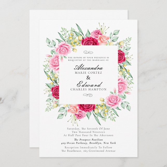 Red and Pink Rose, Garden Wedding Invitation (Front/Back)