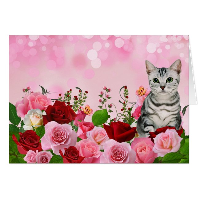 Red and Pink Rose Garden with Tabby Cat Blank (Front Horizontal)