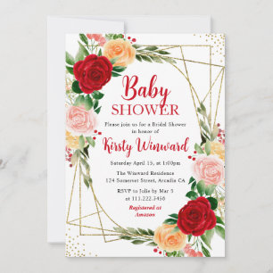 Red and Pink Roses & Gold Frame Baby Shower Invitation