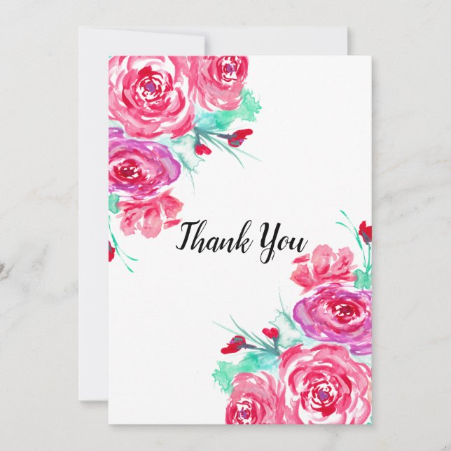 Red and Pink Roses Watercolor Thank You Card (Front)