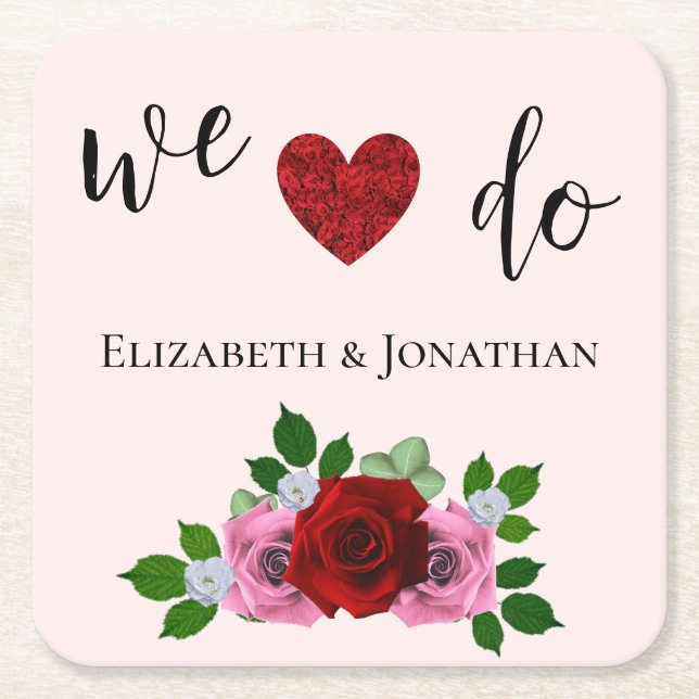 Red and Pink Roses Wedding Square Paper Coaster (Front)