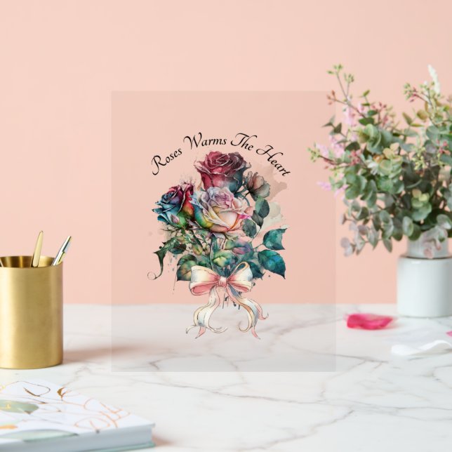 Red and pink roses with a bow card acrylic sign (Wedding)