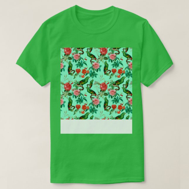 Red And Pink Roses With Parrot Pattern T-Shirt (Design Front)