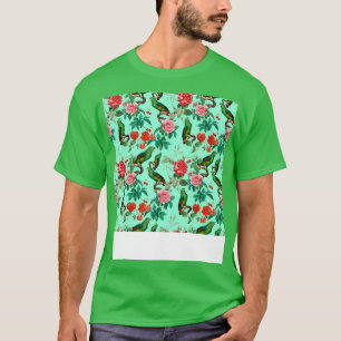 Red And Pink Roses With Parrot Pattern T-Shirt