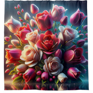 “Red and Pink Roses with Raindrops" Shower Curtain