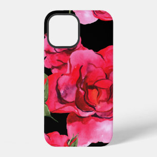 Red and Pink Soft Watercolor Roses on Black iPhone 12 Case