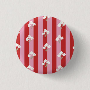 red and pink stripe design with white flowers 3 cm round badge