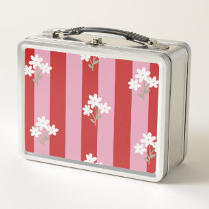 red and pink stripe design with white flowers metal lunch box