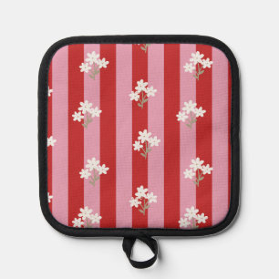 red and pink stripe design with white flowers pot holder