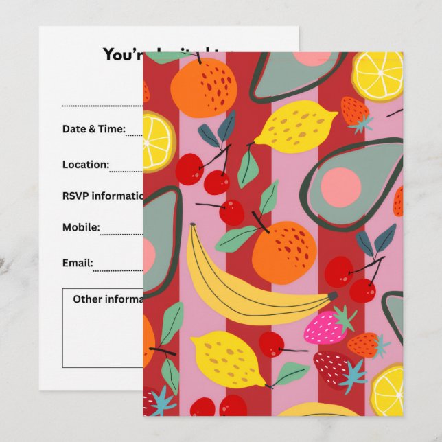 Red and pink stripe fruit pattern  invitation (Front/Back)