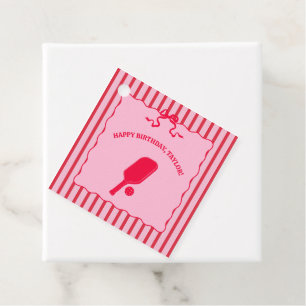 Red and Pink Striped Pickleball Birthday Party Favour Tags