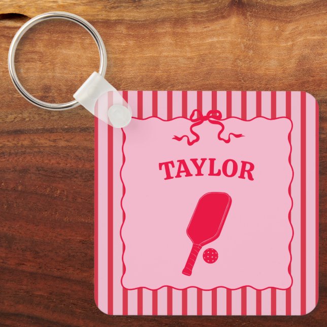 Red and Pink Striped Pickleball Personalised Key Ring (Front)