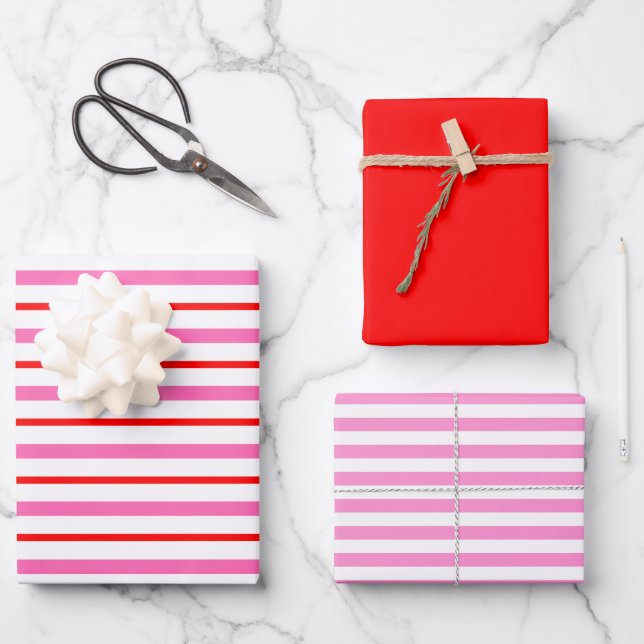 Red and Pink Striped Wrapping Paper Sheet (Front)
