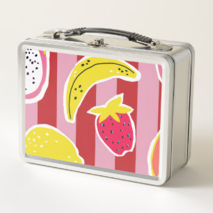 red and pink stripes with tropical fruit metal lunch box