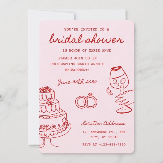 Red and pink themed bridal shower invitation (Front)