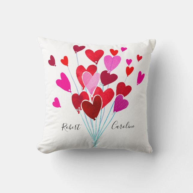 Red and Pink Valentine Hearts Add Names Monogram Cushion (Front)
