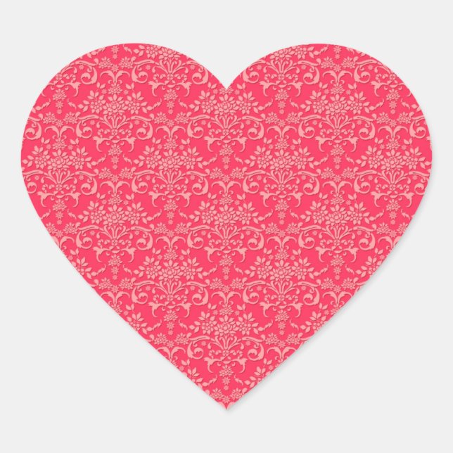 Red and PInk Victorian Damask Style Pattern Heart Sticker (Front)